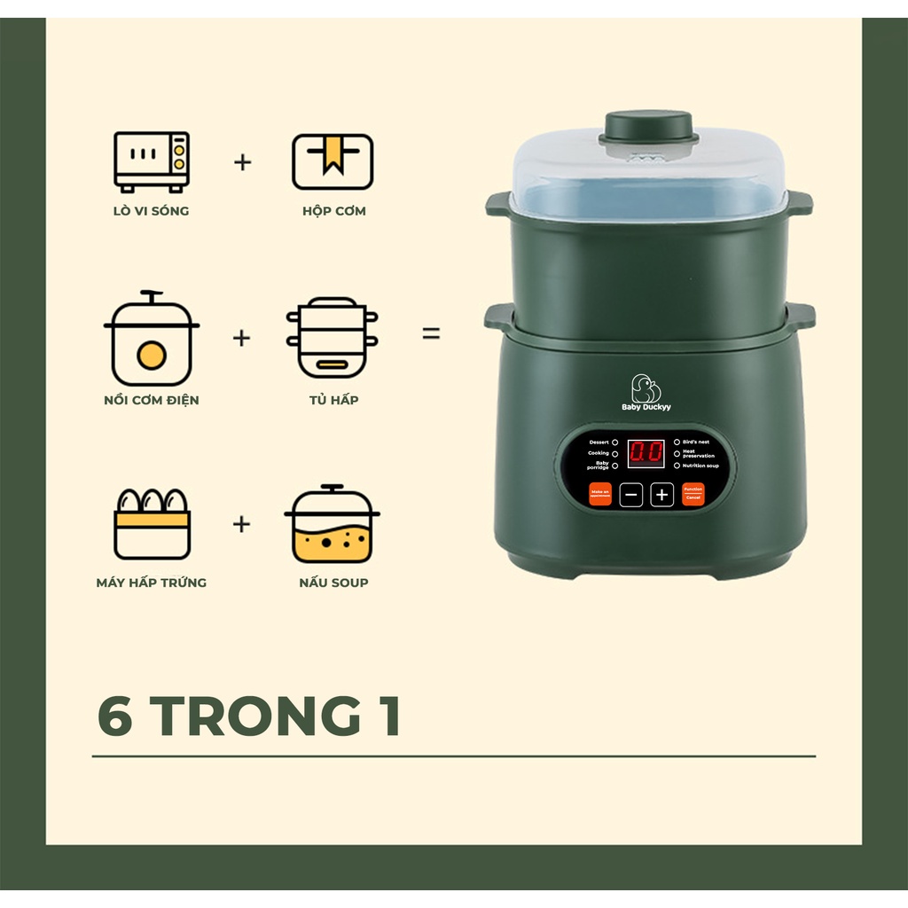 Nồi Nấu Cháo Chậm Cho Bé Baby Duckyy, Hầm Cháo Chậm, Ninh Đa Năng Cho Bé_Baby Duckyy KALI 001 0.8L_Kèm Lồng Hấp BH