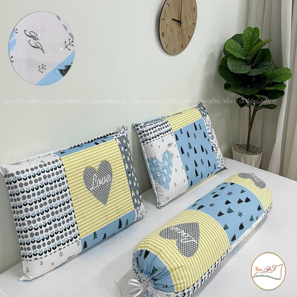 Bộ ga chống thấm cotton cho bé, drap chống thấm nước cao cấp kèm vỏ gối đầu và vỏ gối ôm mềm mịn mát (mẫu love xanh)