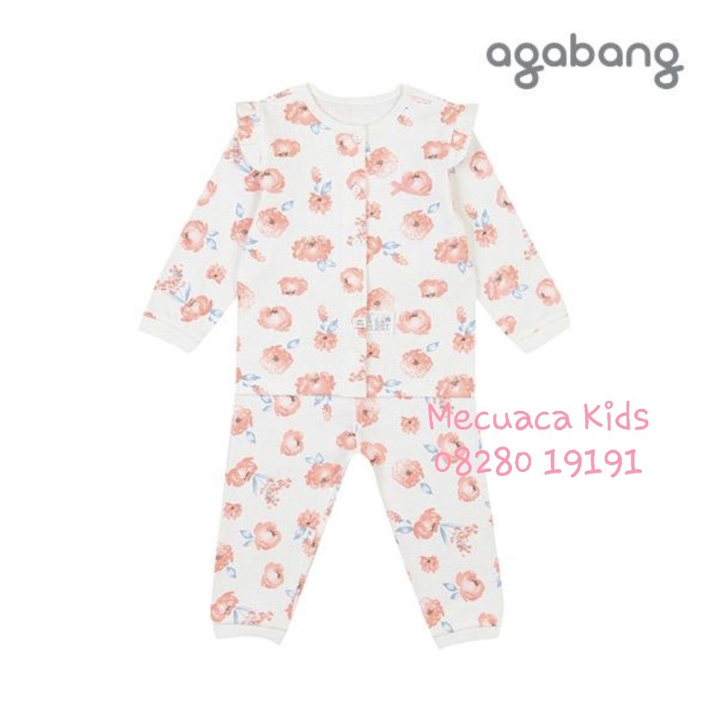 [80,90,120] Bộ ngủ cotton dài tay thu đông nền trắng hoa hồng to Agabang cho bé gái xuất Hàn dư xịn