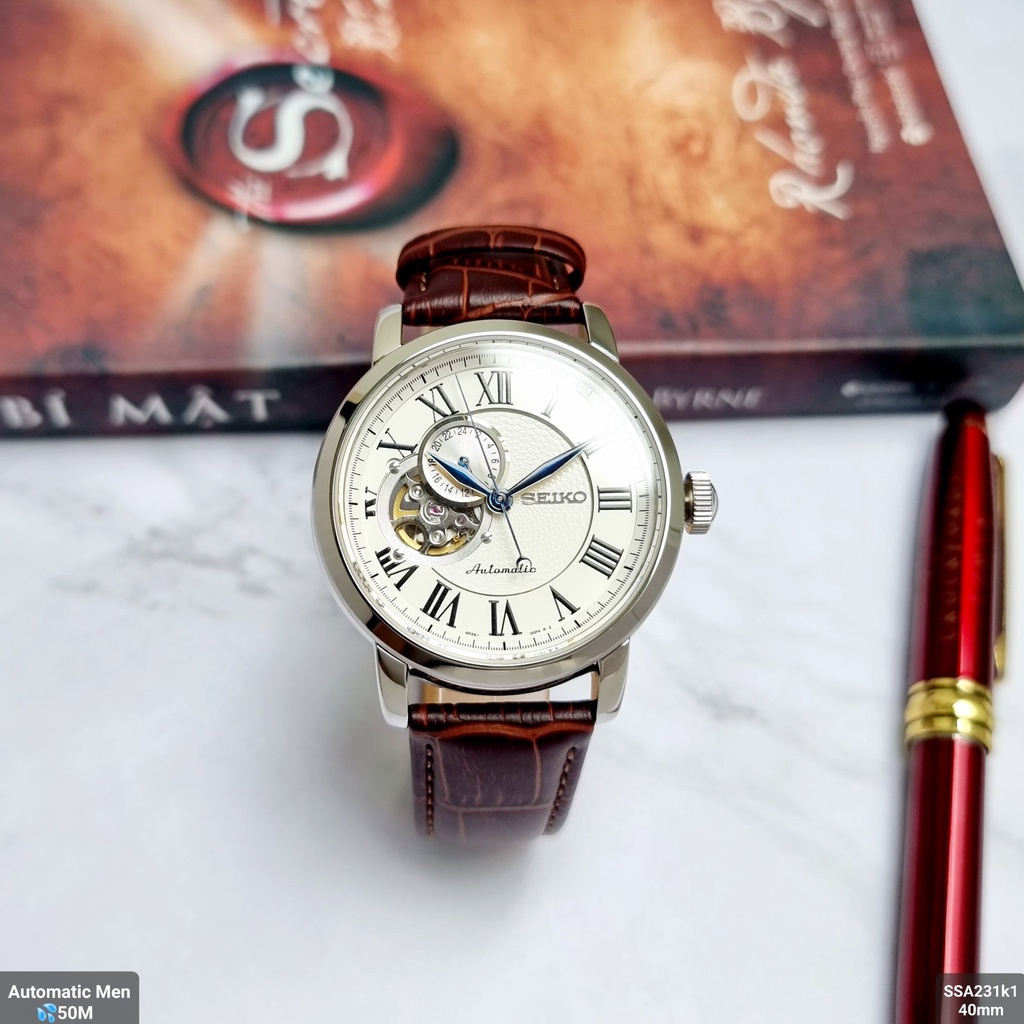 Đồng Hồ Nam Seiko Automatic SSA231K1 Dây Da Mặt Trắng Open Heart