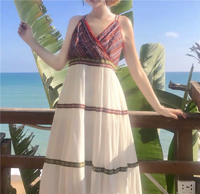 (Sẵn)Đầm Boho Hai Dây Vintage, Hoạ Tiết Thổ Cẩm + Áo Choàng Voan Nhẹ Nhàng, Đồ đi Biển ( Kèm Ảnh Thật ) | BigBuy360 - bigbuy360.vn