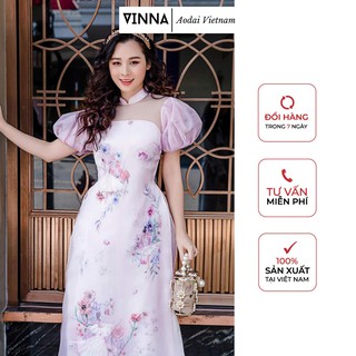 [Có Ảnh Thật] Áo dài cách tân tay bồng tơ tím đính kim sa cao cấp tơ óng mềm mại trẻ trung áo dài thiết kế vinna