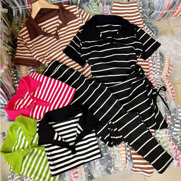 Đồ bộ nữ quần legging đai cao có túi và áo ôm ngắn tay cổ bẻ lai nhọn rút dây 1 bên vải thun cotton gân borip, đồ nữ