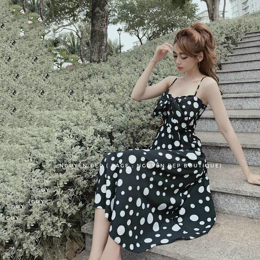 Đầm xòe nữ 2 dây chấm bi kết nơ ngực ( có mút ngực, có túi ) phù hợp đi dạo, đi dự tiệc