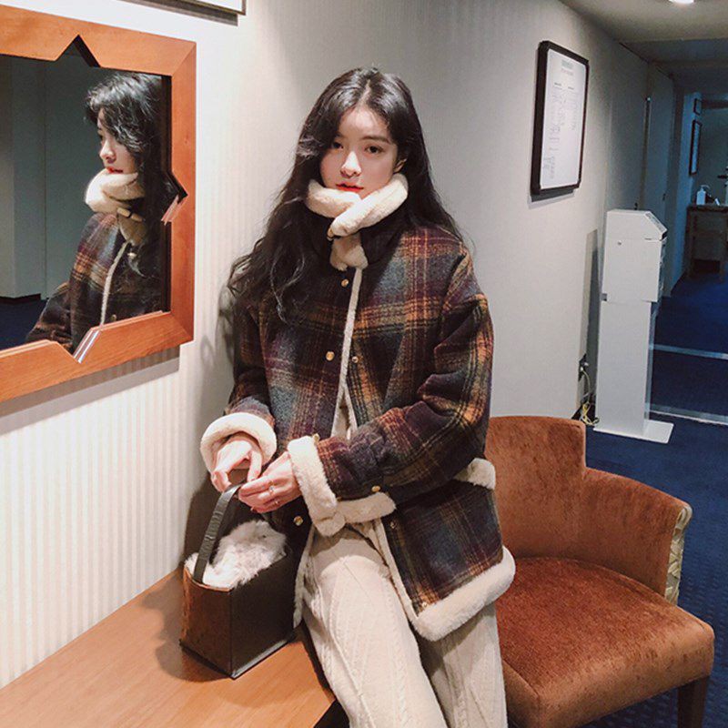 (Hàng Đẹp)Ảnh thật 5 hình cuối.HC017.Áo khoác kẻ caro lông cừu mùa thu đông siêu xinh | BigBuy360 - bigbuy360.vn