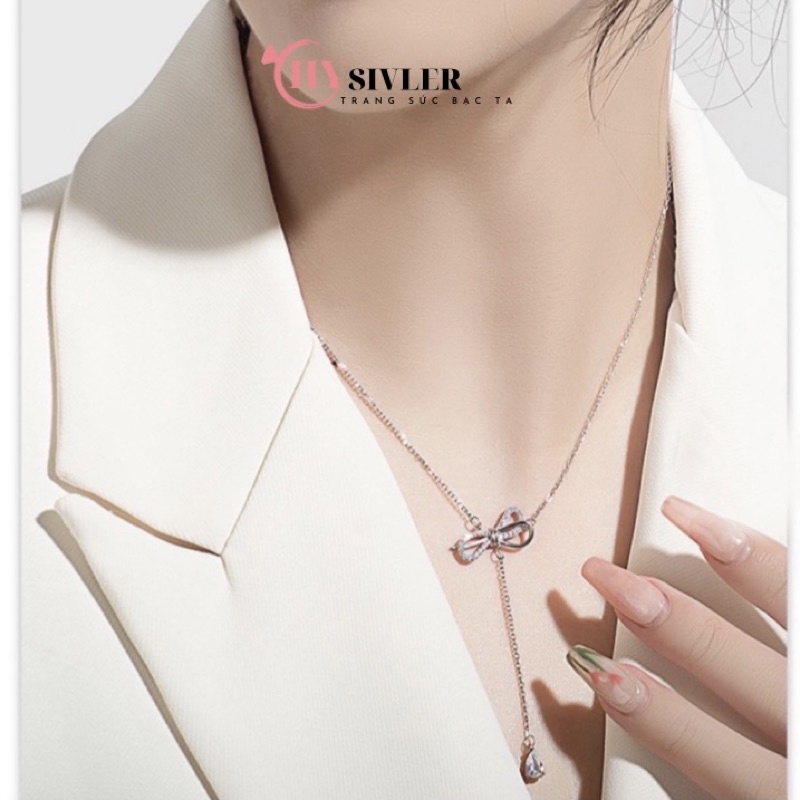 Dây chuyền bạc ta nơ kép nạm đá đá rơi giọt nước xinh xắn phong cách dây chuyền nữ bạc thật