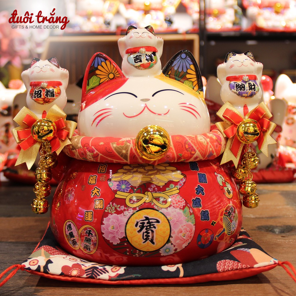 Mèo Thần tài Đỏ 25cm - Mã 2 "Chiêu Tài Nguyện Thành"
