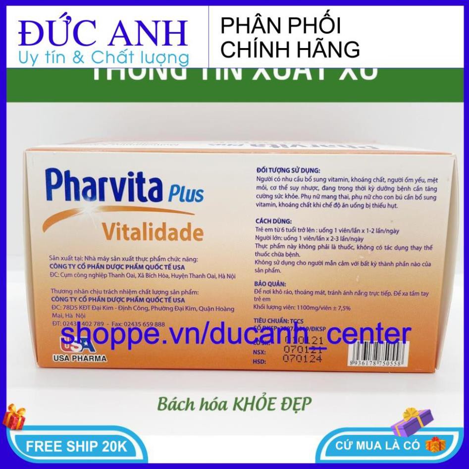 Viên uống Pharvita Plus Vỉ 60 viên  bổ sung vitamin tổng hợp bồi bổ cơ thể, tăng cường sức đề kháng