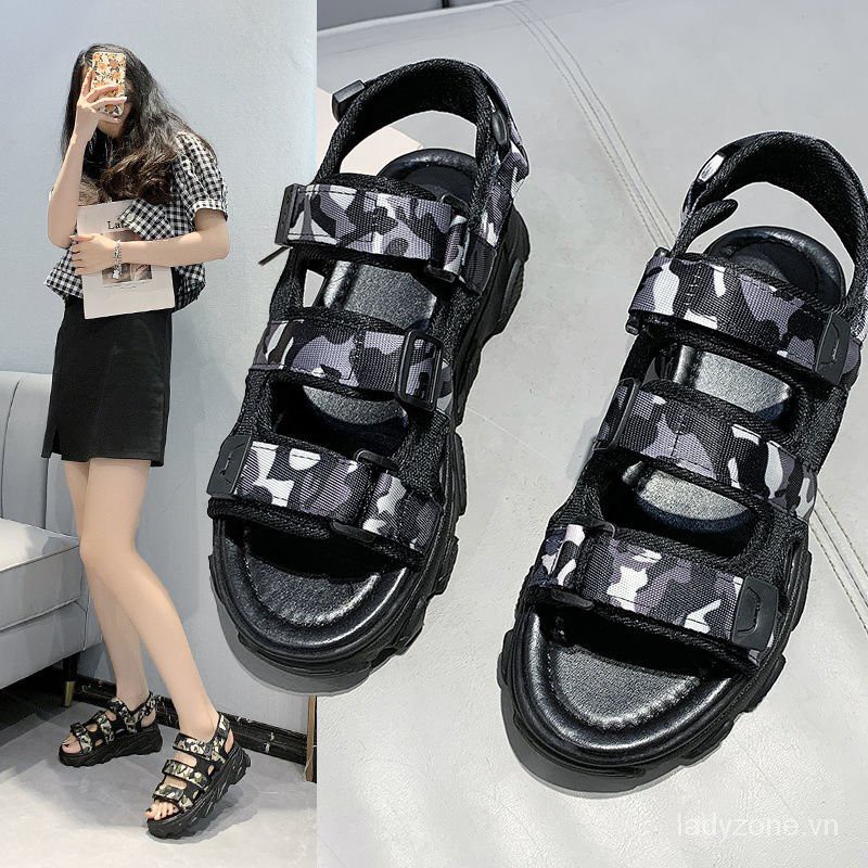 Camouflage Sandals for Women Summer2021NewinsTrendy Thick Bottom Velcro Korean Student All-Matching Beach Shoes