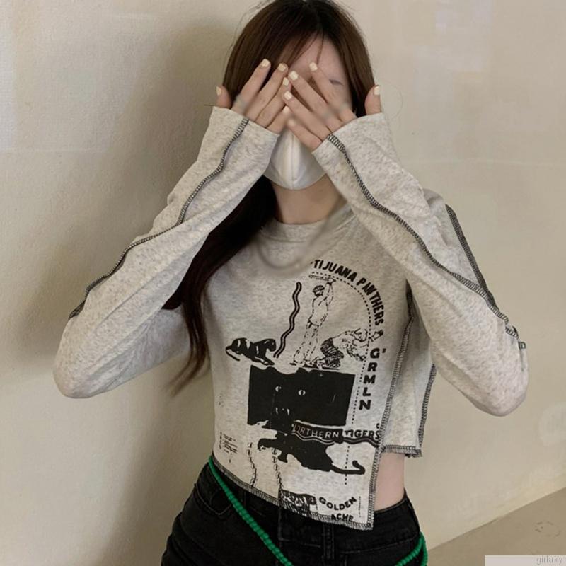 Áo thun lửng tay dài in hình cá tính cho nữ