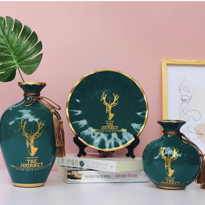 Bộ Lọ Decor 3 Món Bình Hút Lộc Trang Trí Tặng Kèm Kệ Đĩa Dây Buộc