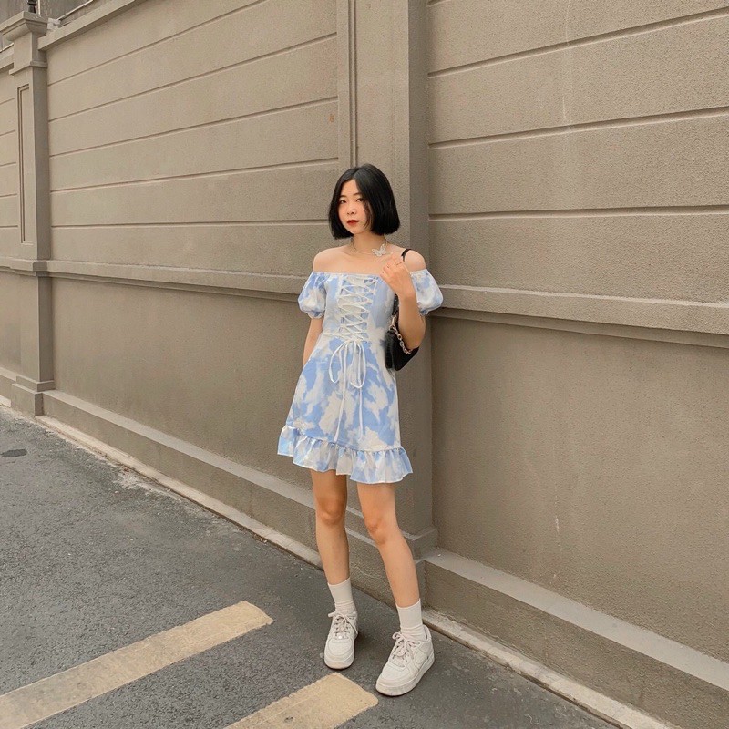 Đầm Loang Xinh JANII DRESS trẻ trung năng động điểm nhấn đan dây trước ngực chất vải lụa loang form chuẩn | BigBuy360 - bigbuy360.vn