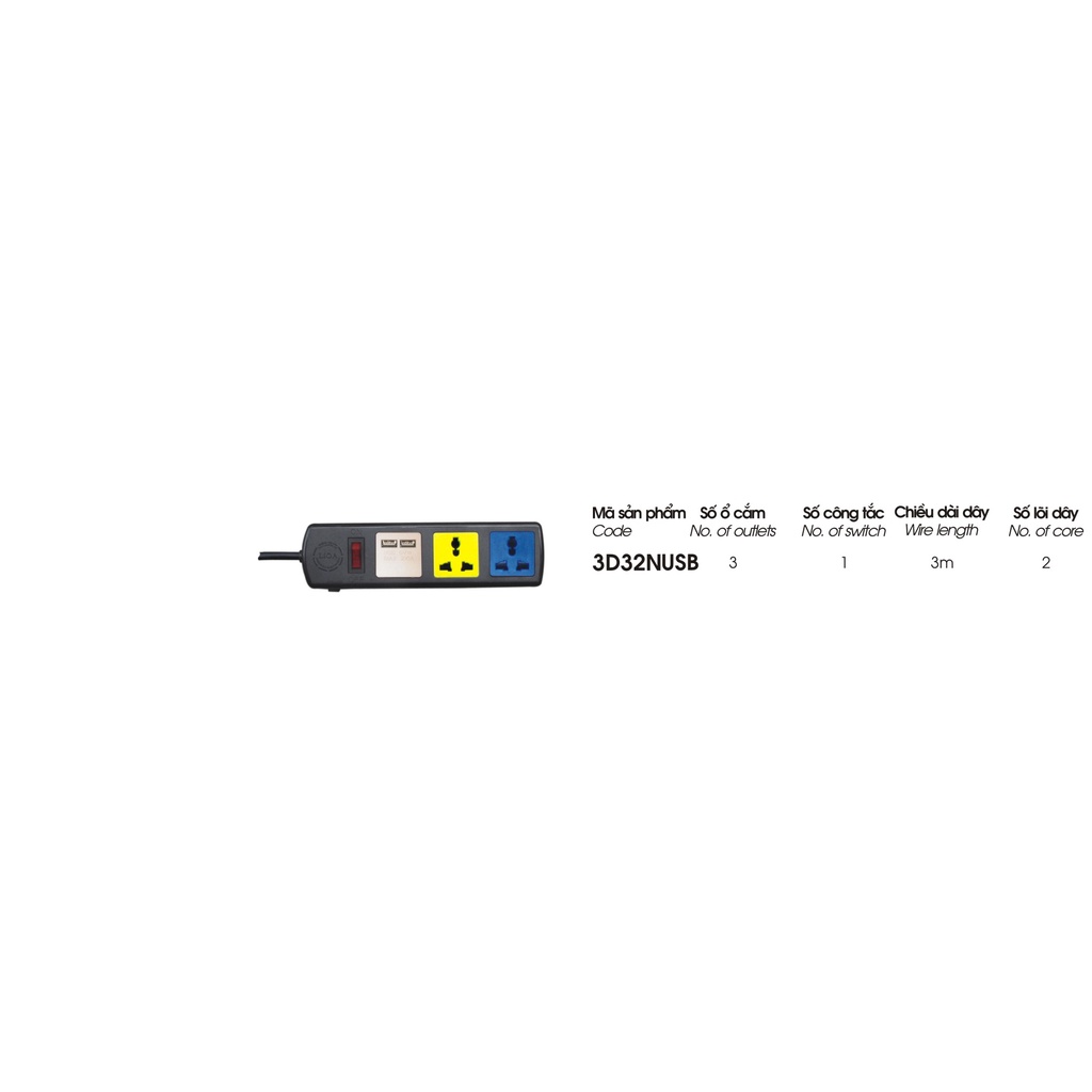 Ổ cắm điện Lioa 2 ổ đa năng - 2 cổng sạc USB 5V-1A model 3D32NUSB 1 công tắc nắp che chống giật