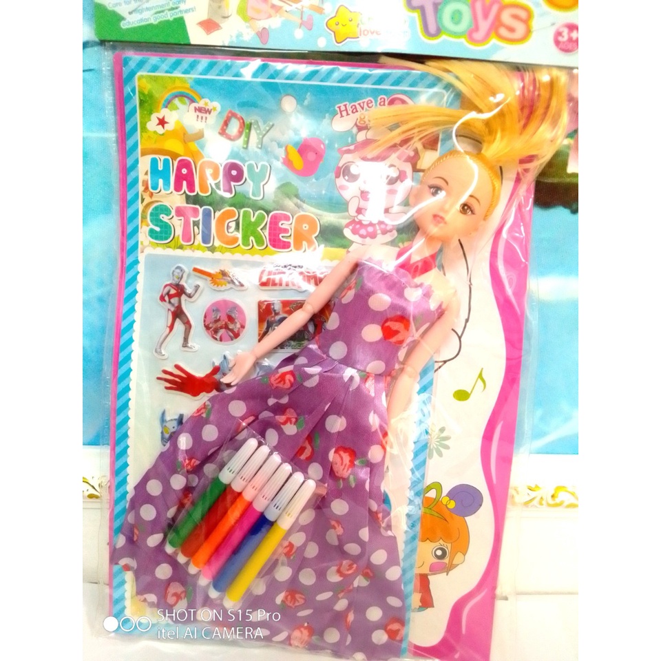 Búp bê barbie thời trang - Tặng Sticker dán nổi và 6 màu tô tranh
