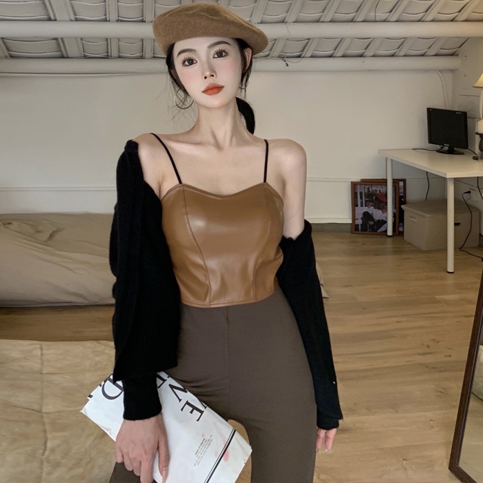 [COD &amp; Hàng Có Sẵn] Áo Croptop Không Tay Bằng Da PU Màu Trơn Có Đệm Ngực Gợi Cảm Cho Nữ