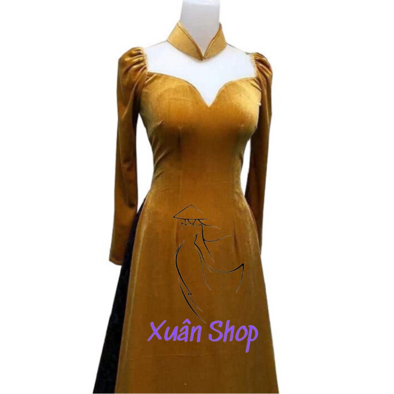 Áo dài nhung truyền thống trơn tay phồng may sẵn