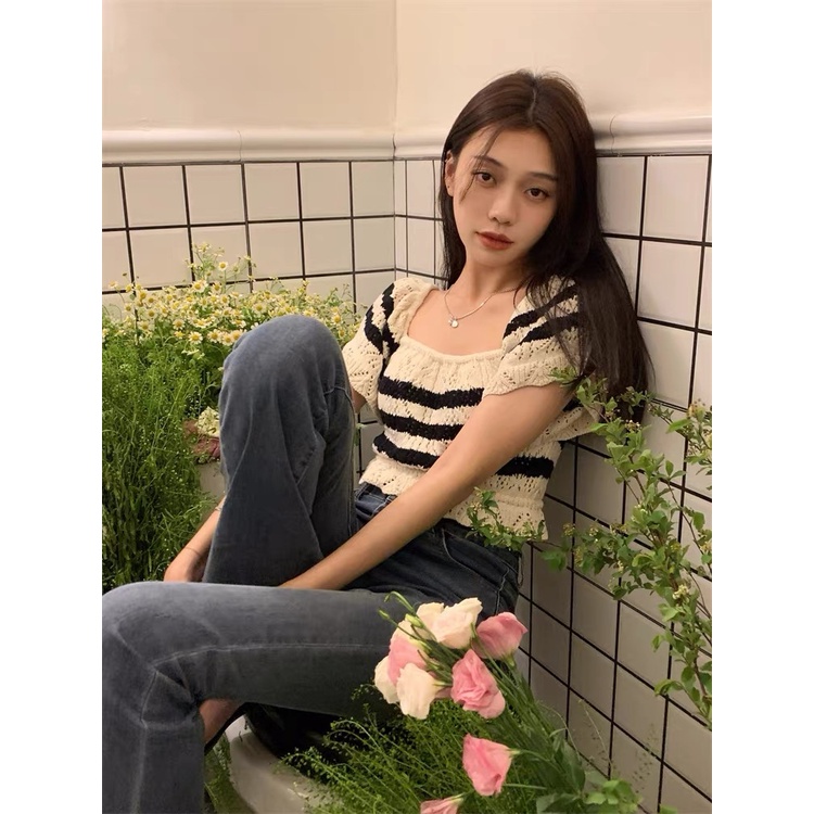 MS720 Áo crotop nữ len đan móc kẻ ngang dày dặn