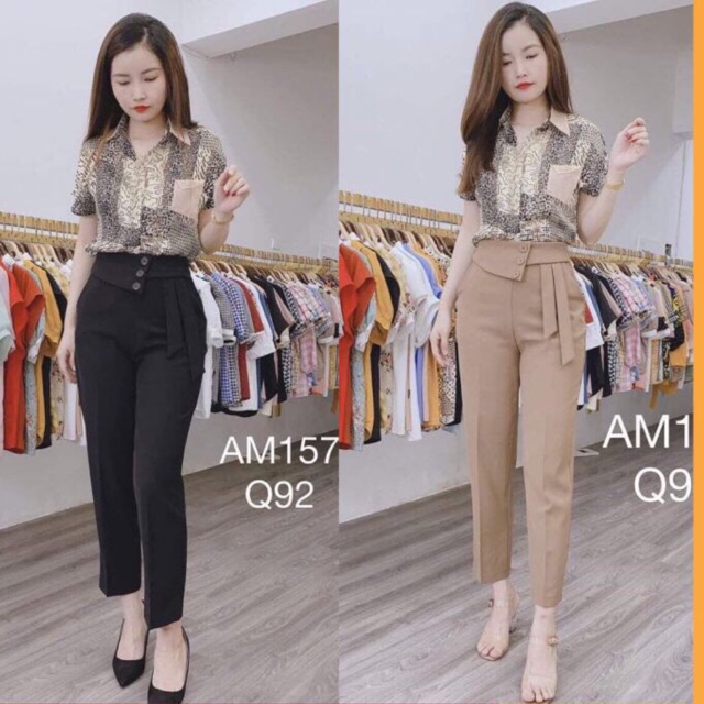 Quần tây baggy phối cúc cạp cao