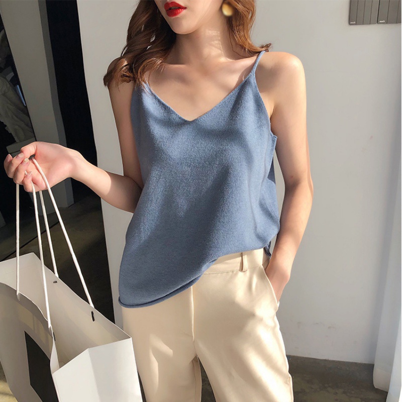 Áo dệt kim sát nách cổ chữ V dáng rộng màu sắc đơn giản phong cách Hàn Quốc