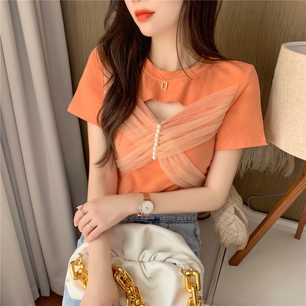 Áo Thun COZOK Lưới Ngắn Tay Thắt Nơ Thời Trang