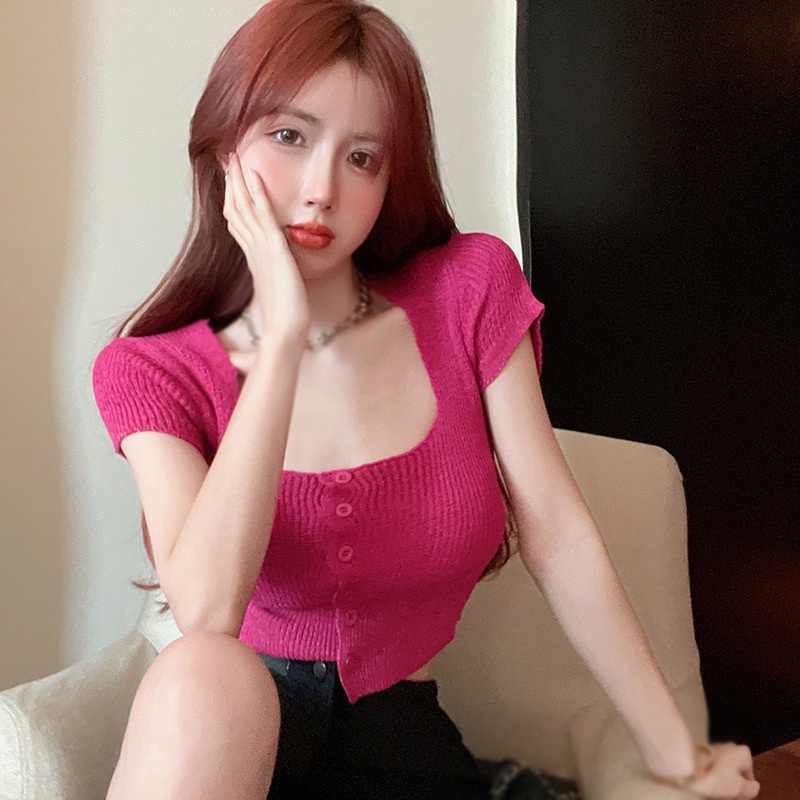 Áo Croptop Dệt Kim Tay Ngắn Màu Sắc Đơn Giản Phong Cách Hàn Quốc