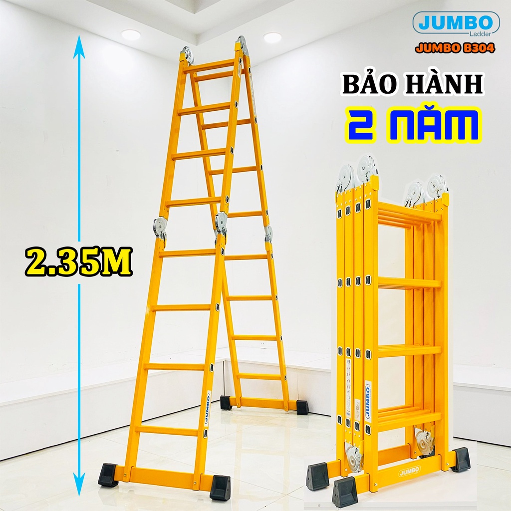 Thang nhôm gấp 4 đoạn sơn tĩnh điện Sumika SKM204 NEW &amp; Jumbo B304 (chữ A cao: 2.3M - chữ I cao: 4.7M) BẢO HÀNH 2 NĂM