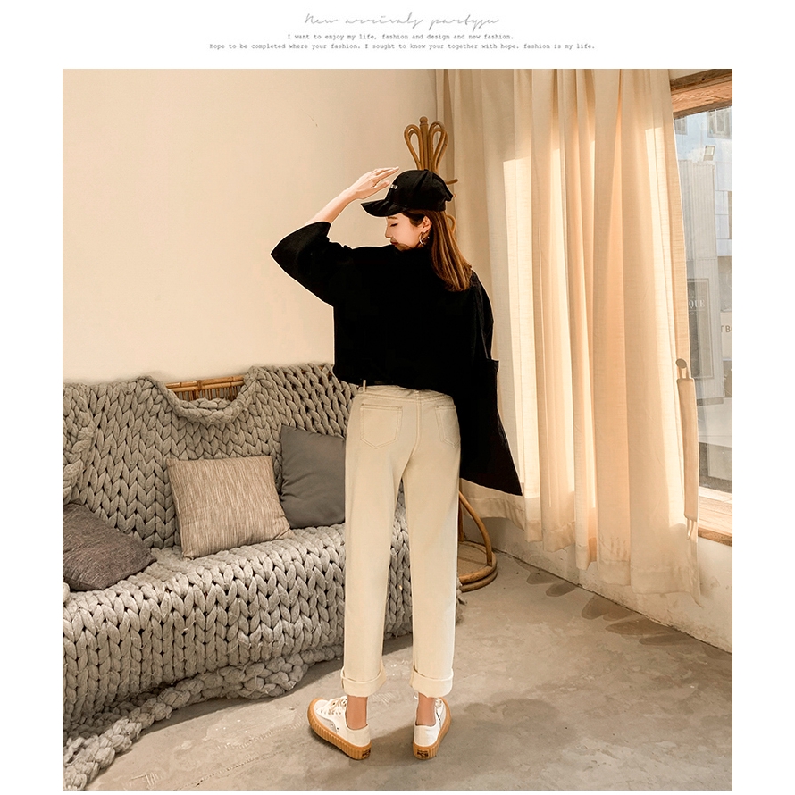 SUXI Quần jeans lưng cao ống rộng phong cách Hàn Quốc