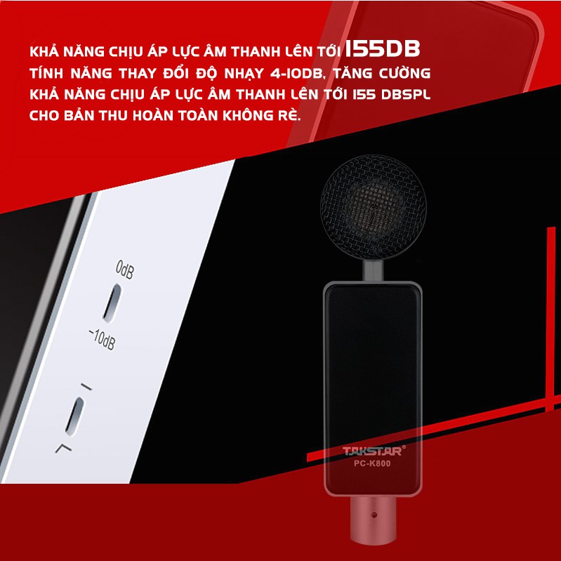 Mic Thu Âm Hát Livestream Cao Cấp Takstar PC-K800 Lọc Ồn, Độ Nhạy Cao, Mạ Vàng Tinh Xảo, Chính Hãng Bảo Hành 1 Năm