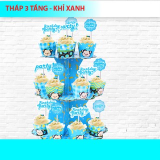 Tháp 3 tầng để bánh cupcake khỉ xanh