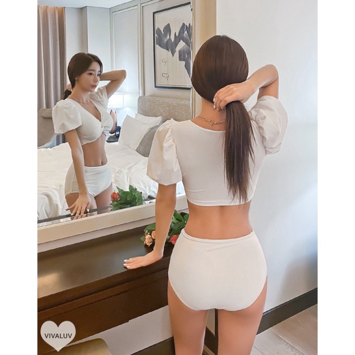 Bikini 2 mảnh LUHAZO có tay đồ bơi đi biển bigsize kín đáo sexy Hàn Quốc cạp cao nâng ngực váy hở lưng che bụng 2632