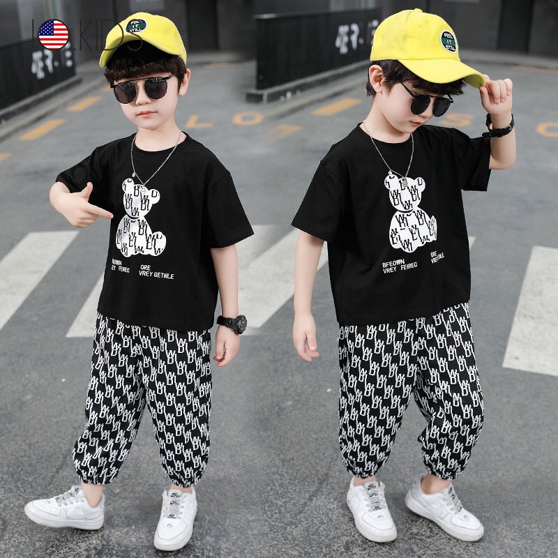 Bộ quần áo hè "GẤU XE " 14-45kg cho bé trai 4-14 tuổi. Co giãn, thấm hút mồ hôi. G3