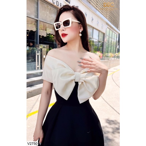 V2750 váy trễ vai màu đen xẻ tà