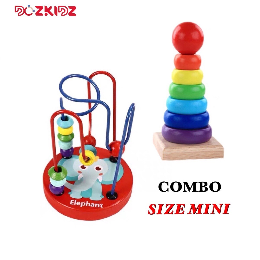 Đồ chơi gỗ - Combo bộ xếp tháp cầu vồng và luồn Hạt mini - DOZKIDZ