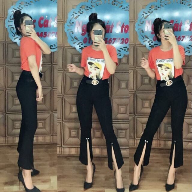 Quần ống loe đen đính hạt