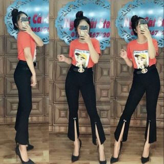Quần ống loe đen đính hạt
