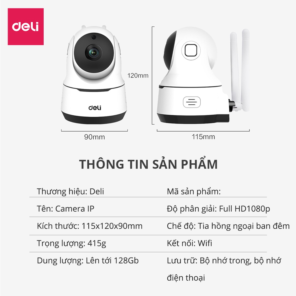 Camera Wifi Deli HD 1080P 360 Độ Chính Hãng Giám Sát An Ninh Gia Đình, Văn Phòng - ES102