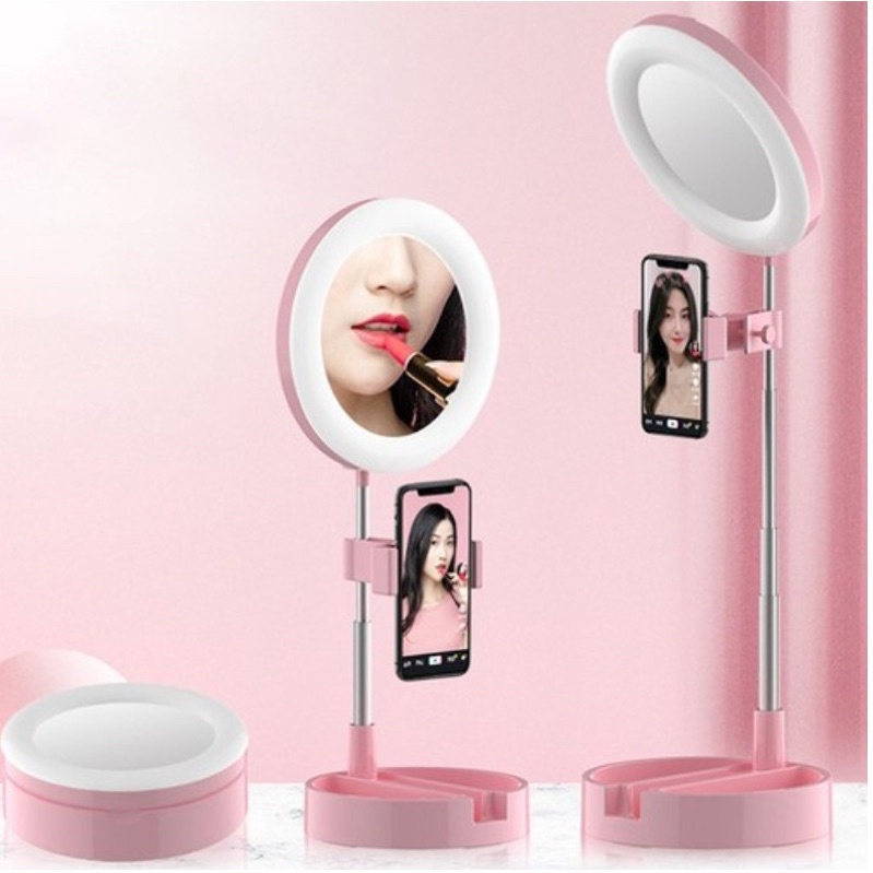 [HOẢ TỐC] Đèn Livestream Để Bàn Kèm Gương Trang Điểm Và Giá Đỡ Điện Thoại Gấp Siêu Gọn Nhẹ Để Quay Clip Bán Hàng, Makeup