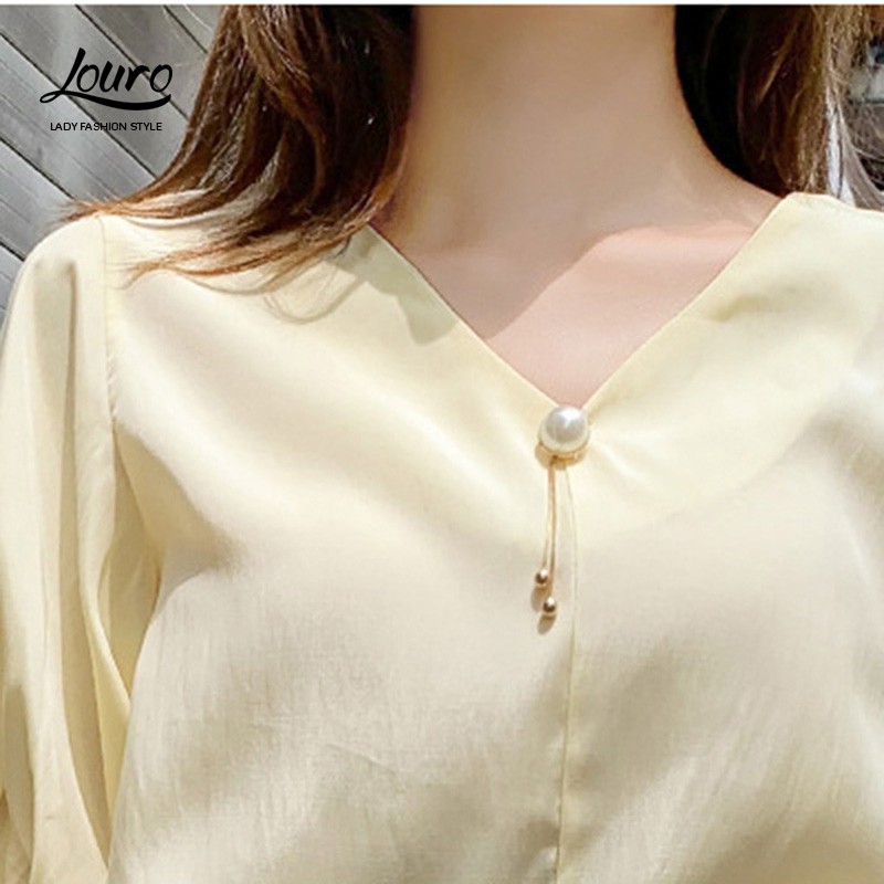Áo kiểu nữ công sở Louro L229, ẢNH THẬT mẫu áo sơ mi cổ chữ V hiện đại trẻ trung