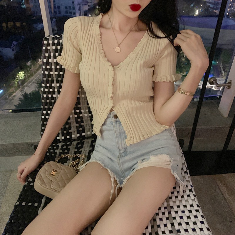 Áo croptop kiểu Maoshop ôm body tay ngắn len tăm phong cách Jennie ulzzang Hàn Quốc - C62