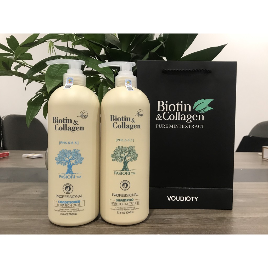 Cặp Dầu Gội Xả BIOTIN COLLAGEN 1000ml dưỡng tóc mềm mại - giảm rụng tóc - phục hồi tóc khô xơ