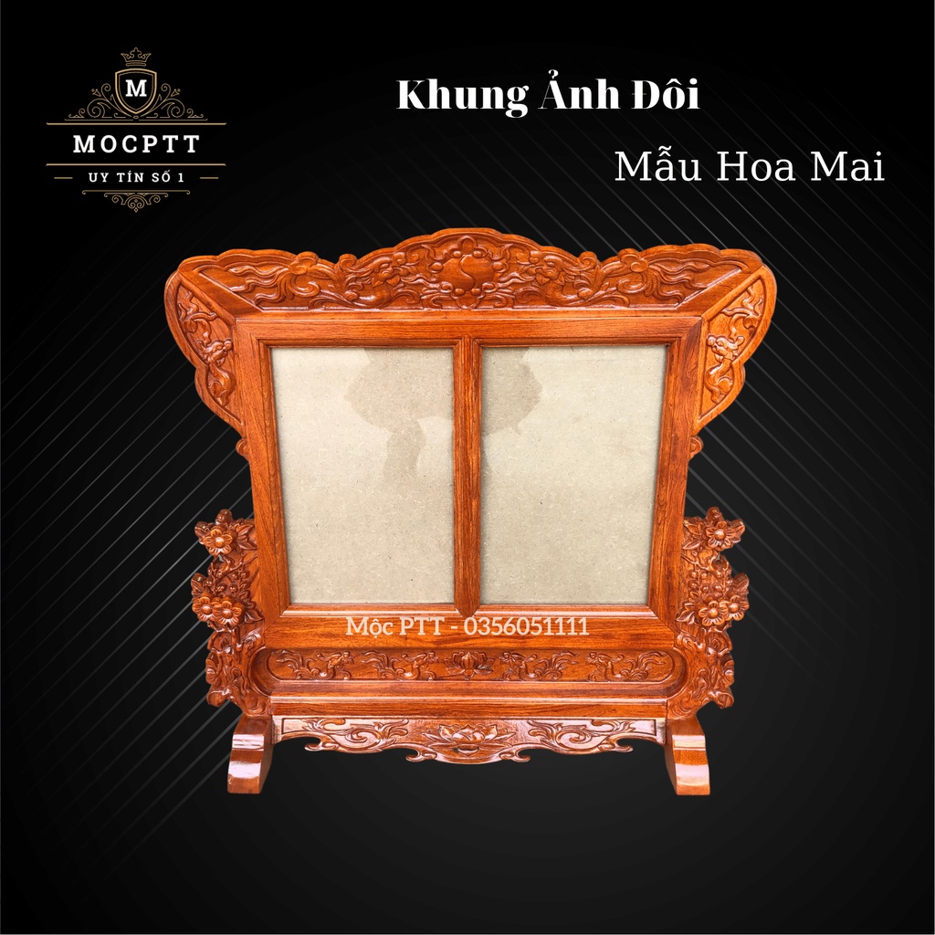 Khung ảnh thờ đôi mẫu hoa mai gỗ Hương đá kích thước 18 x 24 , 21 x 31 và 25 x 35 cm