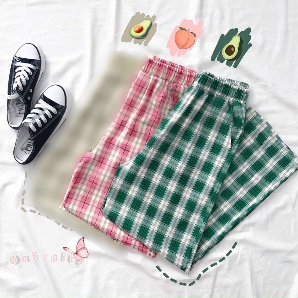 Quần ống rộng lưng cao unisex GURI quần caro ống rộng Tặng quà ngẫu nhiên QCR01