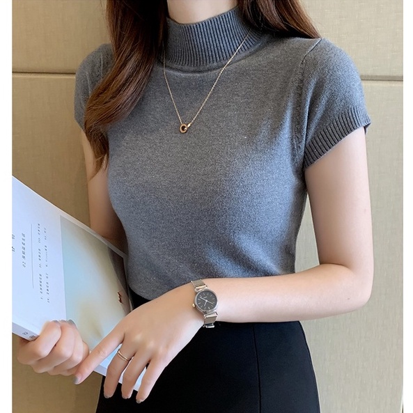 Áo Len Tay Ngắn Cổ Cao Thời Trang Phong Cách Hàn Quốc Cho Nữ