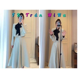 Set 3 món: Áo khoác croptop cổ sơ mi+ áo sơ mi đen thắt nơ+ chân váy midi
