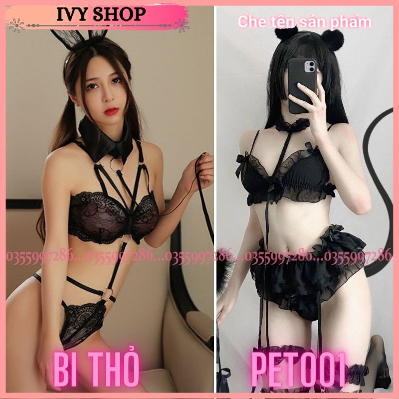Bộ Đô Lót Cosplay Thú Cưng Sexy Cao Cấp Kèm Dây Dắt Set Bikini Gợi Cảm - Pet001 Bi Thỏ _ Ivyshop