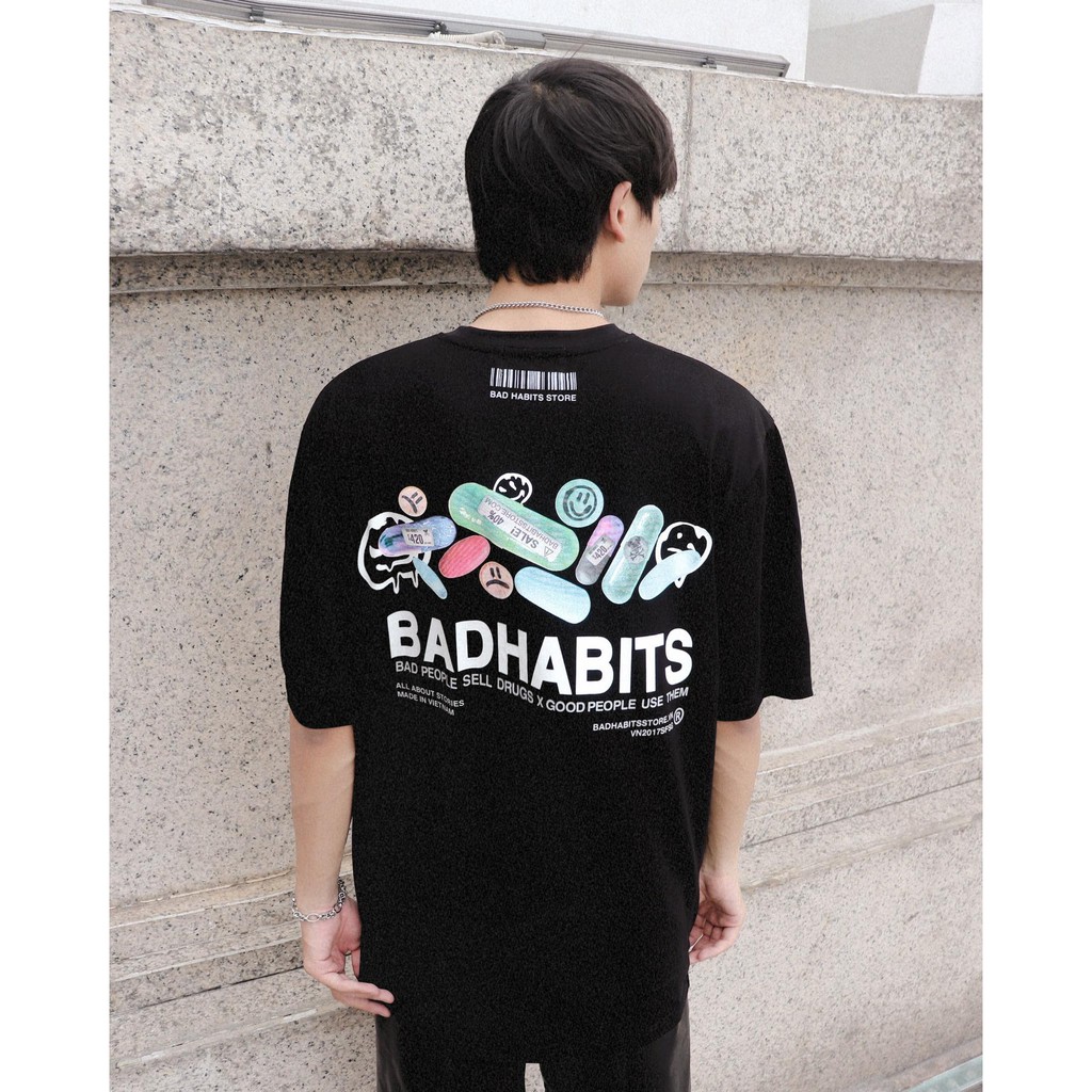 Áo Thun Unisex Bad Habits Happy Pills Đen 100% Cotton - Local Brand Chính Hãng | BigBuy360 - bigbuy360.vn