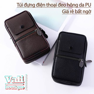 Túi đựng điện thoại da PU đeo ngang hông kiểu dọc T1 dạng to 4 ngăn - Túi đeo thắt lưng giả da PU kiểu dọc - nâu, đen.