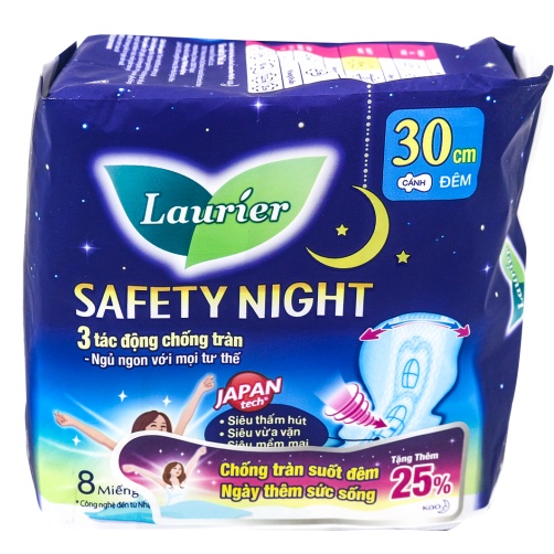 BVS Laurier Fresh & Free Đêm Siêu Chống Tràn 30cm, 35cm gói 8 miếngmiếng