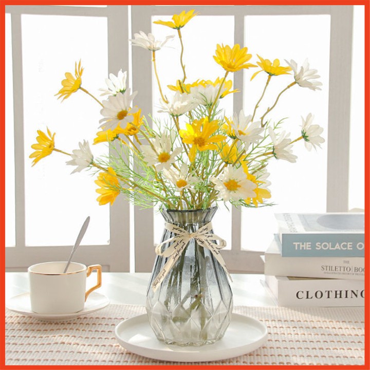Hoa cúc vàng vải lụa siêu đẹp, Hoa giả decor phòng, trang trí nhà cửa, lễ tết 1 cành 5 bông 52cm