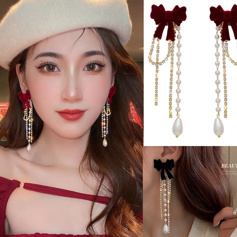 Khuyên Tai Dáng Dài Phối Nơ Thời Trang Hàn Quốc Cho Nữ